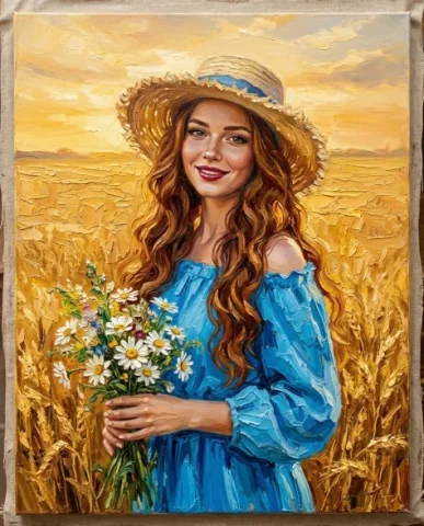 Impasto Oil Painting Golden Field Portrait 1 — Nano Banana AI Prompt: An impasto oil painting portrait of a young woman with berry-red lips with a sub...