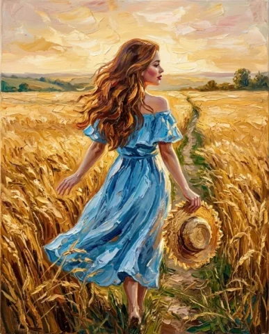 Impasto Oil Painting Golden Field Portrait 2 — Nano Banana AI Prompt: An impasto oil painting of a young woman with berry-red lips and long warm aubur...
