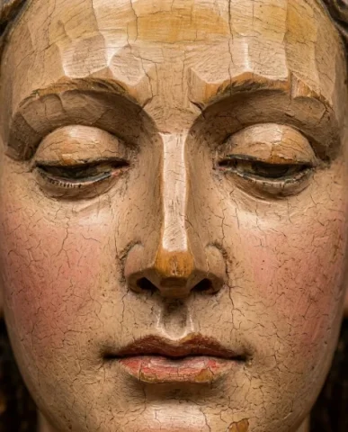 Polychrome Carved Wooden Sculpture Portrait Bust 3 — Nano Banana AI Prompt: The same polychrome carved wooden sculpture bust photographed from a three-quart...
