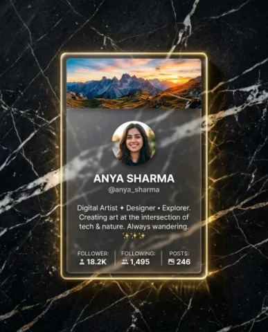 Transparent Acrylic Social Profile Card in Hand 5 — Nano Banana AI Prompt: Each card shows a different profile layout with distinct header banners in full...