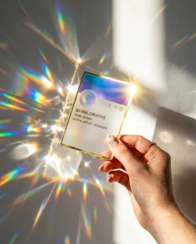 Transparent Acrylic Social Profile Card in Hand 7 — Nano Banana AI Prompt: Follower count numbers — thousands formatted with K — sit in neat columns with t...
