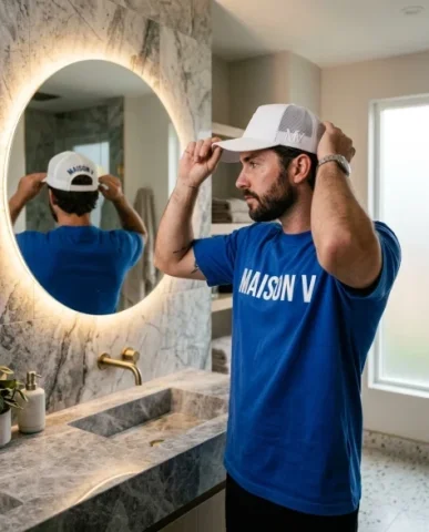 Luxury Bathroom Lifestyle Portrait with Designer Tee 2 — Nano Banana AI Prompt: He wears a bold cobalt blue designer t-shirt featuring a bold embroidered logo r...