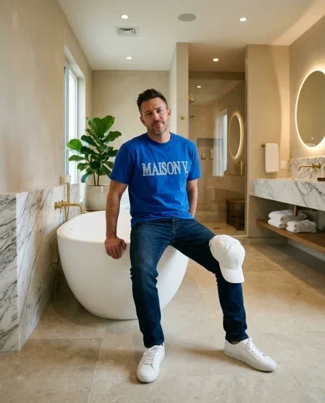 Luxury Bathroom Lifestyle Portrait with Designer Tee 3