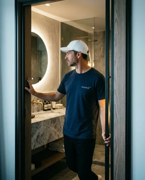 Luxury Bathroom Lifestyle Portrait with Designer Tee 7