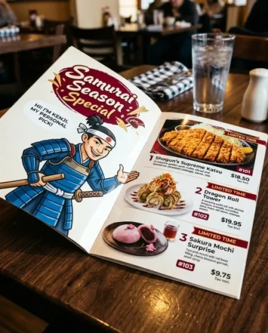 Family Restaurant Character Collaboration Menu Booklet 3 — Nano Banana AI Prompt: Left page features a cartoon samurai character in bold illustration style — a fr...