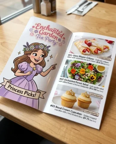 Family Restaurant Character Collaboration Menu Booklet 4 — Nano Banana AI Prompt: Left page features a cartoon fairy tale princess character in bold illustration...