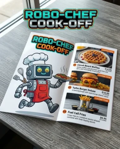 Family Restaurant Character Collaboration Menu Booklet 5 — Nano Banana AI Prompt: Left page features a cartoon robot chef character in bold illustration style — a...