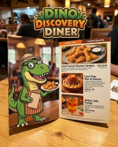 Family Restaurant Character Collaboration Menu Booklet 6 — Nano Banana AI Prompt: Left page features a cartoon friendly dinosaur character in bold illustration st...