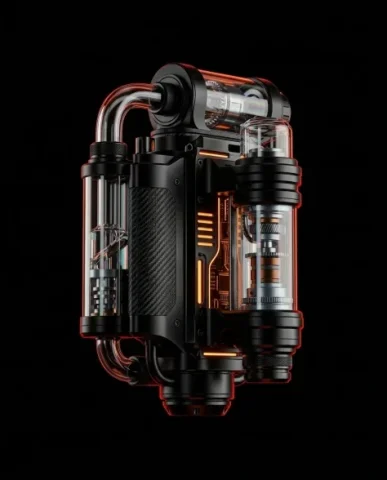 Noir Techcore Product Photography in Void 1 — Nano Banana AI Prompt: The subject is strictly centered in the frame with the entire product fully visi...