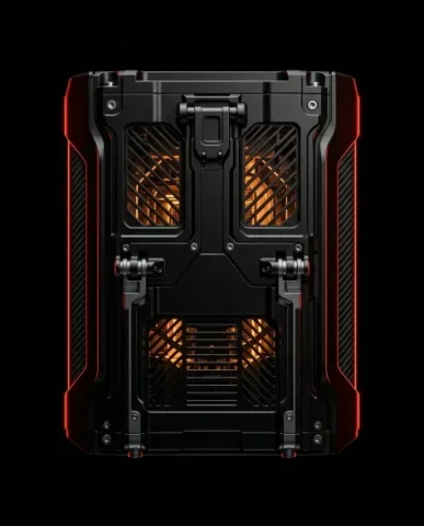 Noir Techcore Product Photography in Void 4 — Nano Banana AI Prompt: The subject is strictly centered in the frame with the entire product fully visi...