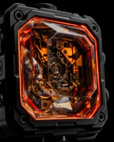 Noir Techcore Product Photography in Void 5 — Nano Banana AI Prompt: Hyper-realistic close-up in noir techcore aesthetic. A crystalline transparent e...