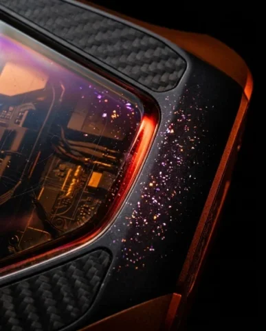 Noir Techcore Product Photography in Void 7 — Nano Banana AI Prompt: Hyper-realistic detail shot in noir techcore aesthetic. A medium-close view of t...