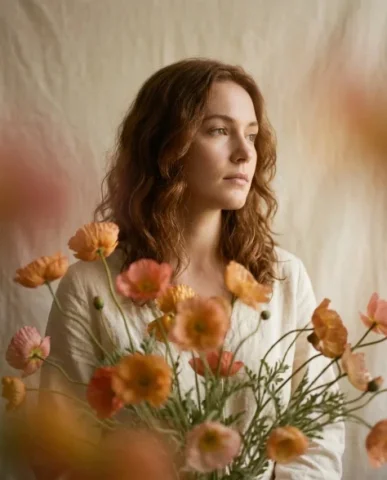 Soft Artistic Portrait with Flowers and Dreamy Blur 1 — Nano Banana AI Prompt: The background is minimal and slightly textured like aged linen or canvas, with...