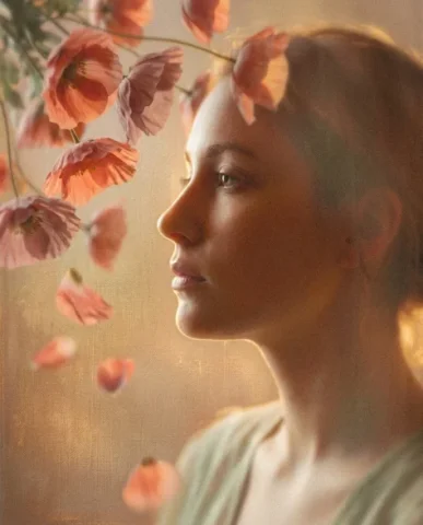 Soft Artistic Portrait with Flowers and Dreamy Blur 2 — Nano Banana AI Prompt: Delicate flowers resembling poppies cascade from the upper-left corner of the fr...