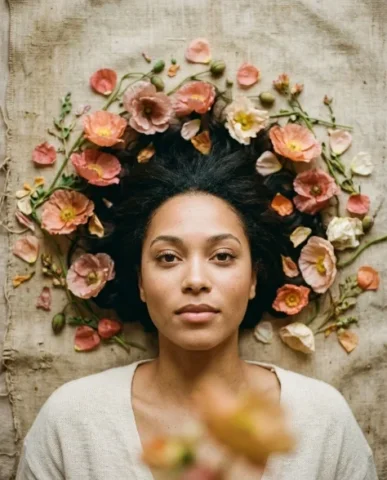 Soft Artistic Portrait with Flowers and Dreamy Blur 5 — Nano Banana AI Prompt: The background is minimal and slightly textured like aged linen or canvas. Soft...