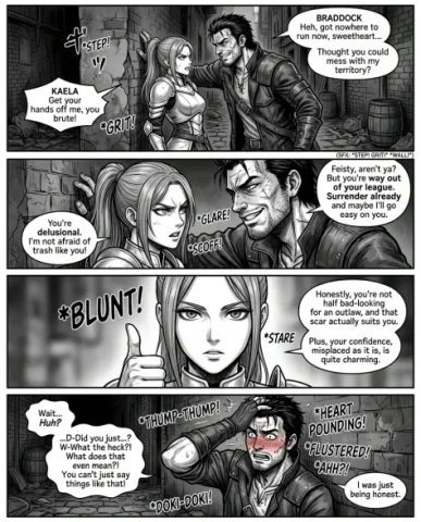 Four-Panel Manga Fantasy Alleyway Encounter 1 — Nano Banana AI Prompt: The setting is a fantasy world slum alleyway with dim oppressive atmosphere, cob...
