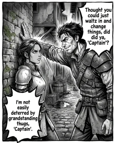 Four-Panel Manga Fantasy Alleyway Encounter 2 — Nano Banana AI Prompt: The female warrior is cornered against the wall on the left, her beautiful well-...
