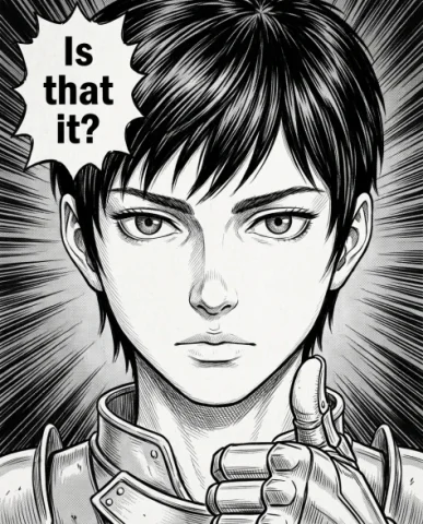 Four-Panel Manga Fantasy Alleyway Encounter 3 — Nano Banana AI Prompt: The female warrior's face fills the panel in direct front view — her beautiful w...
