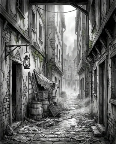 Four-Panel Manga Fantasy Alleyway Encounter 5 — Nano Banana AI Prompt: The narrow alley stretches into the distance between tall crumbling buildings, t...
