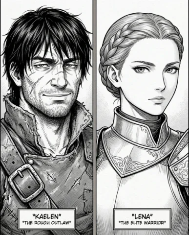 Four-Panel Manga Fantasy Alleyway Encounter 6 — Nano Banana AI Prompt: His expression is his default smirk of dangerous confidence. On the right, the f...