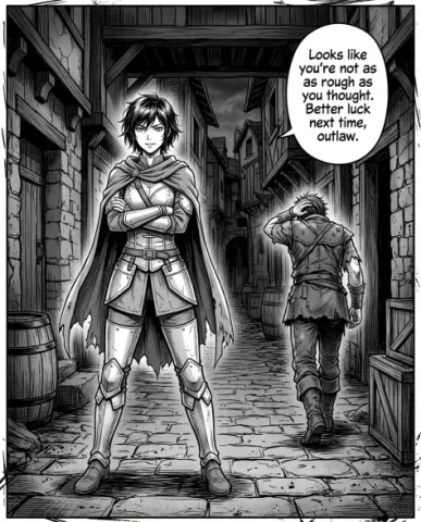 Four-Panel Manga Fantasy Alleyway Encounter 7 — Nano Banana AI Prompt: The female warrior stands confidently in the center of the fantasy alleyway, arm...