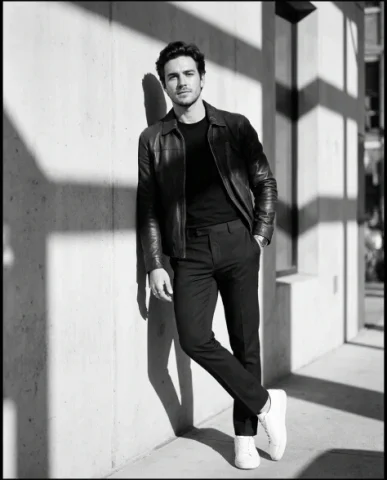 High-Contrast Black and White Cinematic Portrait 1 — Nano Banana AI Prompt: The subject leans casually against a clean wall with a confident and relaxed pos...