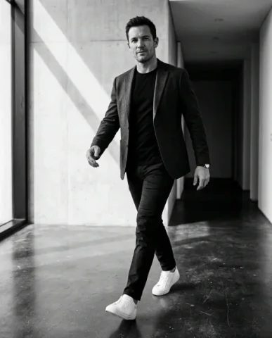 High-Contrast Black and White Cinematic Portrait 2 — Nano Banana AI Prompt: Strong front lighting creates crisp highlights across the fitted dark jacket sho...