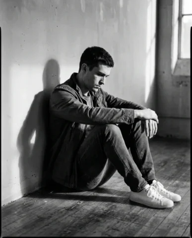 High-Contrast Black and White Cinematic Portrait 3 — Nano Banana AI Prompt: The subject sits on the floor with their back against a clean wall, knees bent a...
