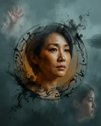 Ink Wash Sci-Fi Film Poster with Non-Linear Time 2 — Nano Banana AI Prompt: Her face is visible through the translucent center of the logogram, her eyes gaz...
