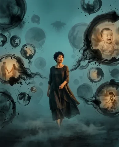 Ink Wash Sci-Fi Film Poster with Non-Linear Time 5 — Nano Banana AI Prompt: An East Asian woman in her thirties with short dark hair walks forward through a...
