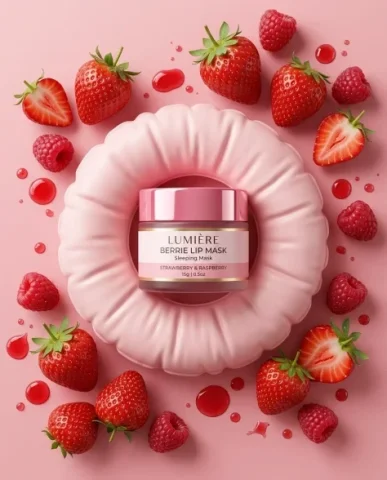Minimalist Berry Lip Mask Cosmetic Product Photography 1 — Nano Banana AI Prompt: Minimalist cosmetic product photography of a berry-flavored lip sleeping mask ja...
