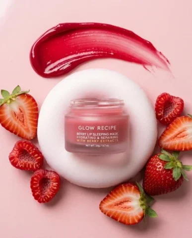 Minimalist Berry Lip Mask Cosmetic Product Photography 2 — Nano Banana AI Prompt: The berry lip sleeping mask jar with its lid removed and placed beside it on the...