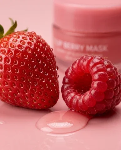 Minimalist Berry Lip Mask Cosmetic Product Photography 4 — Nano Banana AI Prompt: The berry lip sleeping mask jar with its lid removed and placed beside it...","g...