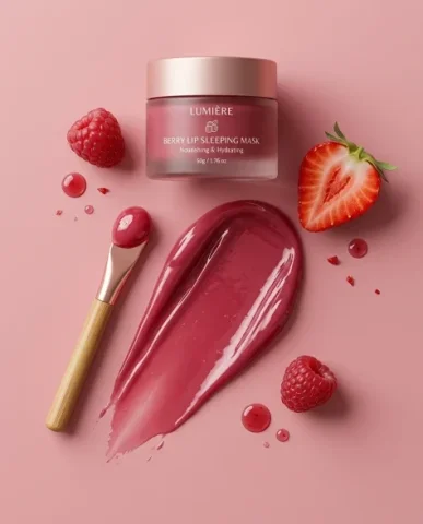 Minimalist Berry Lip Mask Cosmetic Product Photography 5 — Nano Banana AI Prompt: The berry lip sleeping mask jar with its clean elegant label sits nearby, lid on...