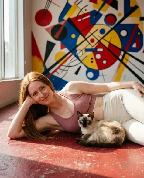 Photorealistic Portrait with Abstract Painted Wall and Cat 1