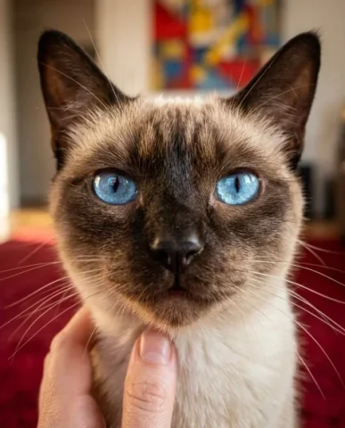 Photorealistic Portrait with Abstract Painted Wall and Cat 7 — Nano Banana AI Prompt: Extreme close-up of a Siamese cat's ice-blue eyes reflecting the colorful abstra...
