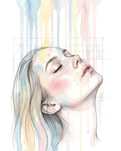 Illustrative Realism Portrait with Watercolor and Ink 5 — Nano Banana AI Prompt: The background is crisp white negative space with faint architectural outlines —...