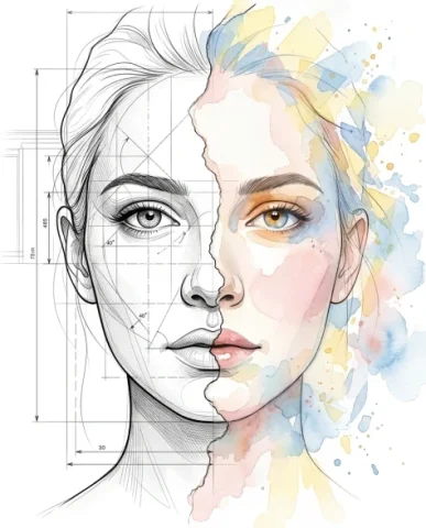 Illustrative Realism Portrait with Watercolor and Ink 6 — Nano Banana AI Prompt: The right half of the same face transitions into full watercolor abstraction: th...