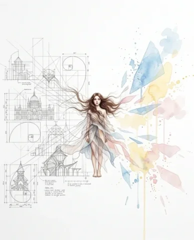 Illustrative Realism Portrait with Watercolor and Ink 7 — Nano Banana AI Prompt: The figure stands where the two worlds meet: architectural precision on one side...