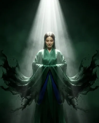 Surreal Oriental Ink Wash Portrait with Volumetric Light 2 — Nano Banana AI Prompt: Oriental aesthetic composition fusing ink wash with 3D volumetric light renderin...