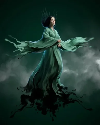 Surreal Oriental Ink Wash Portrait with Volumetric Light 4 — Nano Banana AI Prompt: Oriental aesthetic composition with full-figure framing. Deep dark emerald green...