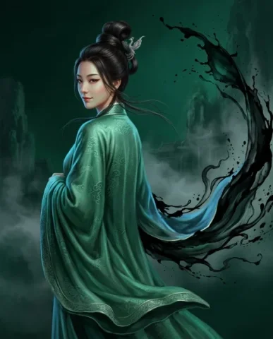 Surreal Oriental Ink Wash Portrait with Volumetric Light 5 — Nano Banana AI Prompt: Her right sleeve trails behind her in a magnificent sweeping arc of splashed ink...