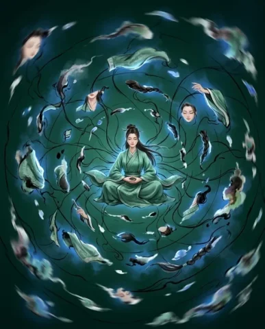 Surreal Oriental Ink Wash Portrait with Volumetric Light 7 — Nano Banana AI Prompt: Oriental aesthetic wide composition. Deep dark emerald green background receding...