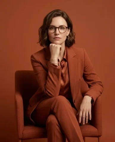 Monochromatic Fashion Editorial Studio Portrait 3 — Nano Banana AI Prompt: An elegant studio portrait of a confident woman seated in a simple modern burnt-...