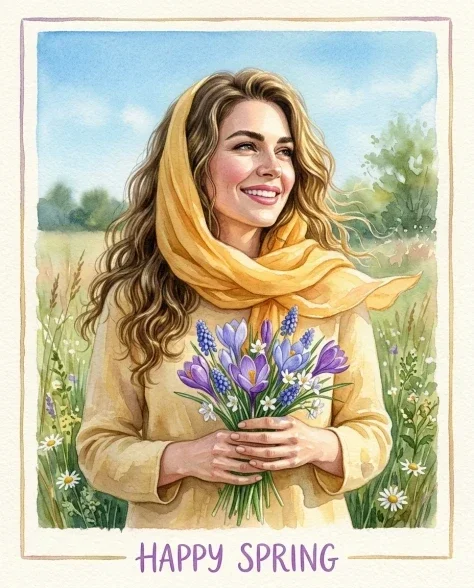 Watercolor Spring Greeting Card Portrait with Flowers 1