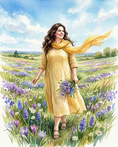Watercolor Spring Greeting Card Portrait with Flowers 3