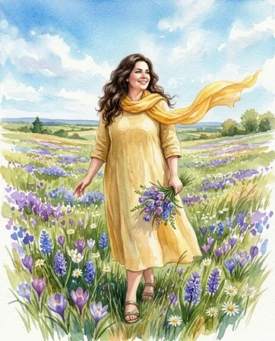 Watercolor Spring Greeting Card Portrait with Flowers 3 — Nano Banana AI Prompt: She wears light golden-yellow clothing and an airy saffron-yellow scarf that str...