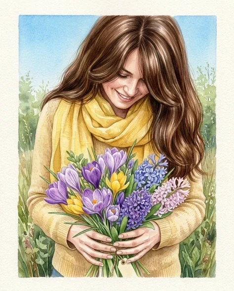 Watercolor Spring Greeting Card Portrait with Flowers 4