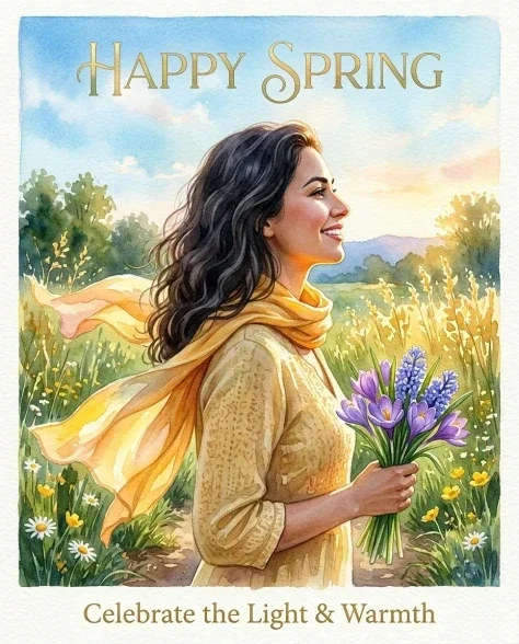 Watercolor Spring Greeting Card Portrait with Flowers 5