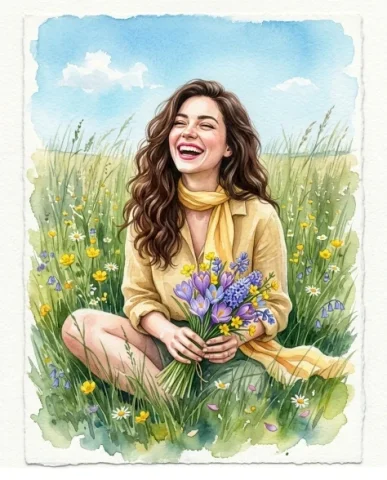 Watercolor Spring Greeting Card Portrait with Flowers 6 — Nano Banana AI Prompt: Her mouth is open in a joyful laugh. She wears light golden-yellow clothing and...